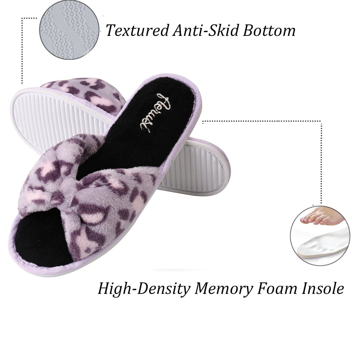 Women's Slippers Cozy Open Toe Slides Fuzzy SPA Memory Foam House Slippers with Bow