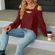 thumbnail image 2 of Camiseta de manga larga con cuello en U para mujer: prenda suave y cómoda para otoño/invierno, color liso, detalles recortados, estilo versátil., 2 of 8