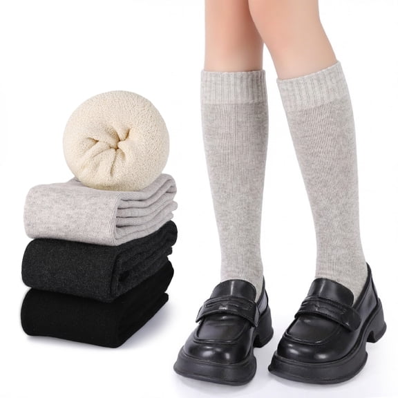 Bocaoying 4 Pairs Long Boot Socks for Women, Lined Slouch Knee High Socks, Winter Calf Socks for Outside and Home, One Size 6-10, Dark Grey/Black/Khaki/Beige