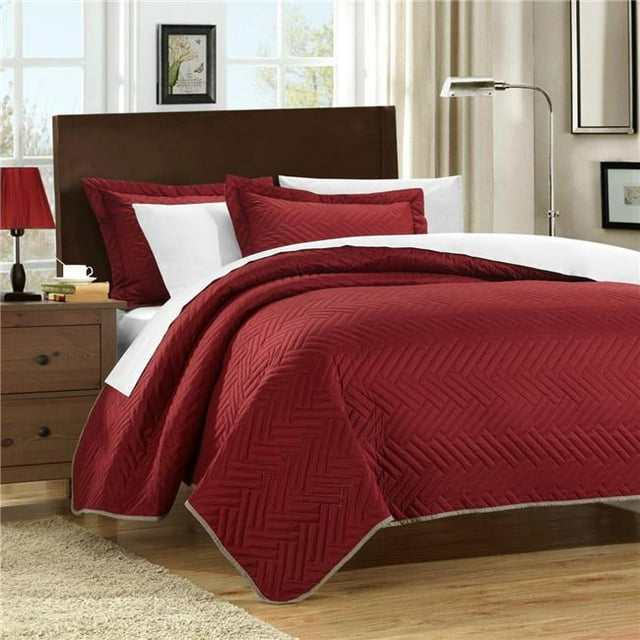 Chic Home QS3261-US Mateo Chevron Blocks Quilt Set - Red - Queen - 3 Piece