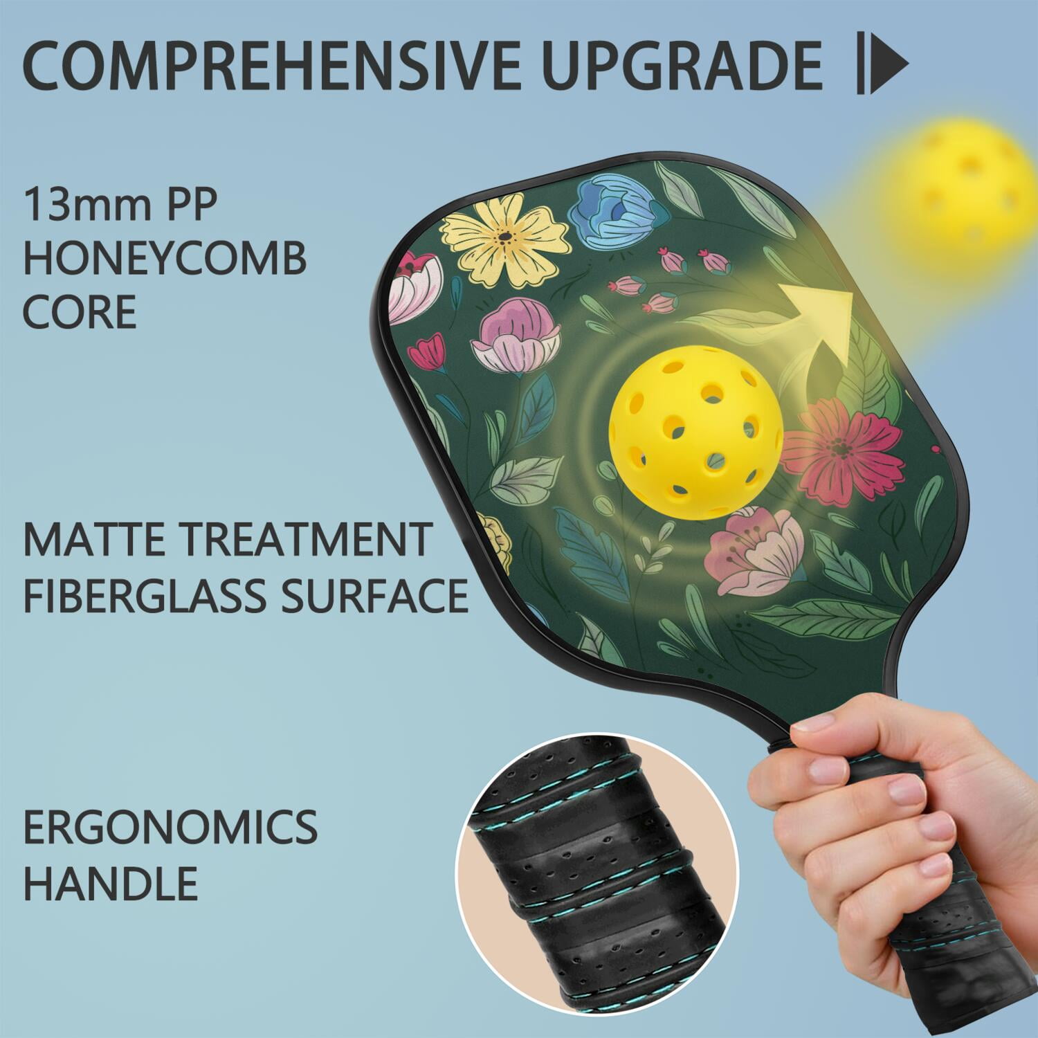 Pickleball Paddles Set Of 2, Fiberglass Surface, Vintage Floral Print, 4 Balls & Bag
