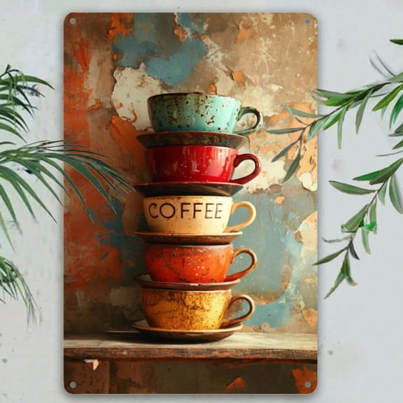 HELLOYOUNG Vintage Carved Iron Plaque Wall Art - Stacked Coffee Cup Metal Tin Sign for Home Cafe Decor, Rustic Birthday Graduation Gift for Kitchen Office