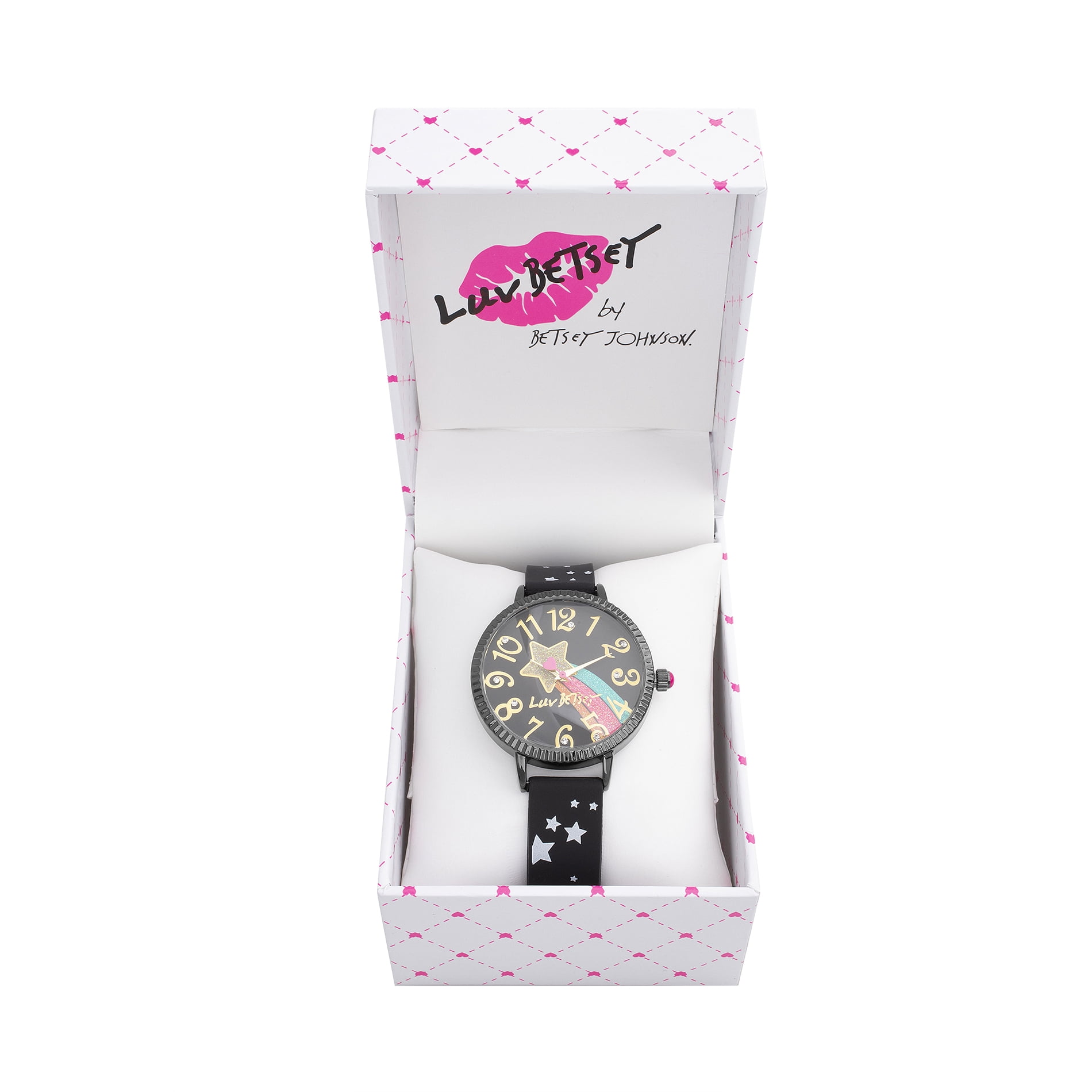 Luv Betsey Women's Black Dial with Multicolor Glitter on Black Case and Silicone Strap Watch