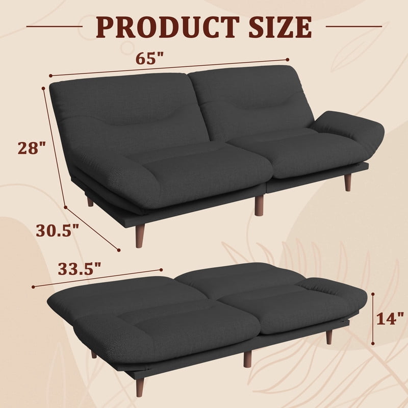 Lacoo 65"W Convertible Futon Sofa Bed with Five-level Adjustable Armrests,Fabric Black