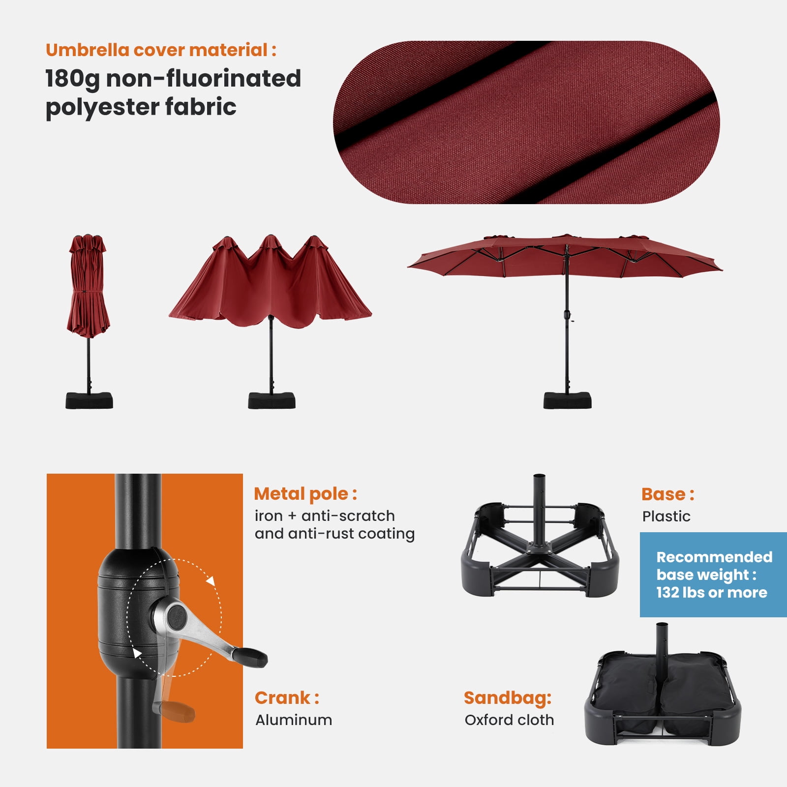 JOINSUN 15ft Outdoor Patio Umbrella with Base - Double-Sided Rectangular Market Umbrella for Poolside and Backyard, Red