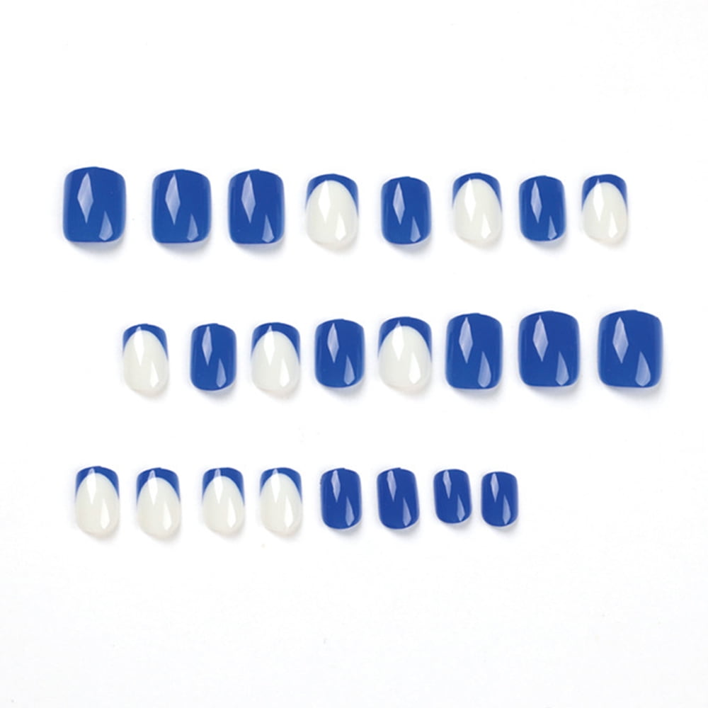 24 PCS False Nail Blue Tips French Style Nail Short Length For School