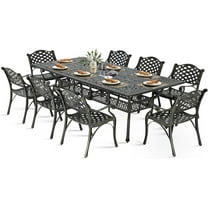 VIVIJASON 9-Piece Outdoor Dining Set, Cast Aluminum Retro Patio Furniture Table and Chairs Set for 8, Include Large 94.5" Rectangular Dining Table and 8 Chairs with Umbrella Hole for Deck Porch
