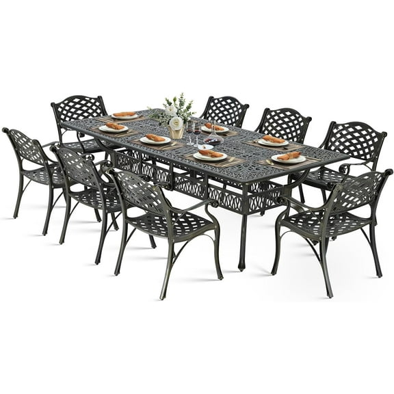 VIVIJASON 9-Piece Outdoor Dining Set, Cast Aluminum Retro Patio Furniture Table and Chairs Set for 8, Include Large 94.5" Rectangular Dining Table and 8 Chairs with Umbrella Hole for Deck Porch