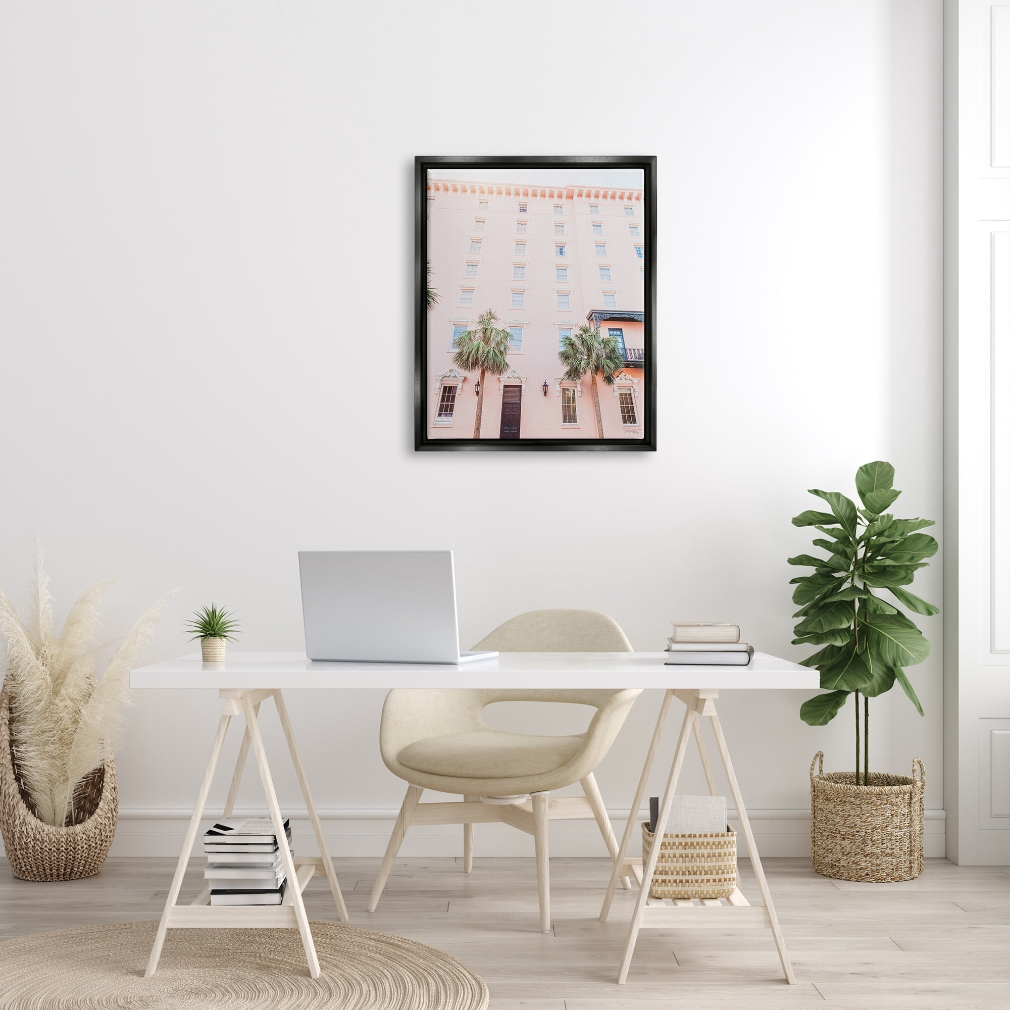 Stupell Industries Tropical Pink Vacation Building Summer Palm Trees Photograph Jet Black Floating Framed Canvas Print Wall Art, Design by Jennifer Rigsby