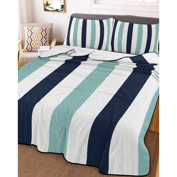 Turquoise Navy Blue Striped Queen Size Down Alternative Comforter, Lightweight Comforter Quilt Bedding Set with Pillow Shams Farmhouse Stripe Art All Seasons Bed Comforter Duvet Insert 90"x96"