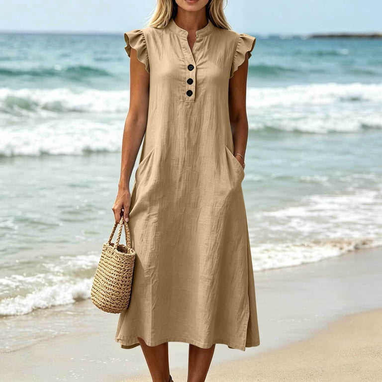 linen dresses for work Sentmoon Womens Linen Dress Graduation Dress with Pockets Regular Fit 2026  Summer V Neck Button Down Beach Dress for Night Out and Club S-2XL