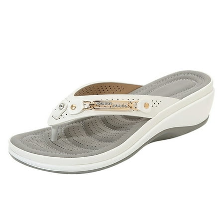 CHOII Clearance Comfortable Women s Orthopedic Sandals Fishmouth Wedges High-heeled Shoes Women s Shoes Sandals Metal Buckle Flip Flops for Women Heightening Wedge White/6.5