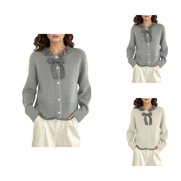 Plaid Bow Tie Cardigan Knit Sweater Top Long Sleeve Button Down Front Soft Comfortable Casual Outerwear For Fall Winter Cardigan Sweaters for Women