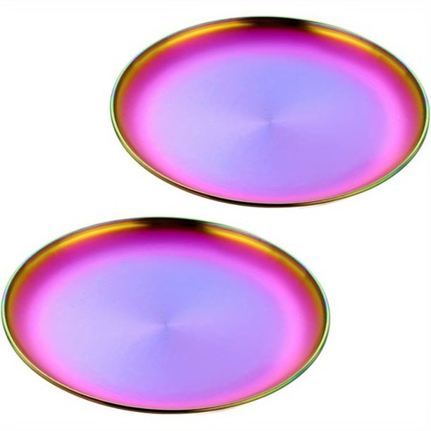 QUTETN 2pcs Stainl Steel Dinner Plates Dert Salad Plates Set Indian 9.1 Inch Colorful Round Metal Platter for Camping Unbreakable and Reusable Dishwasher Safe