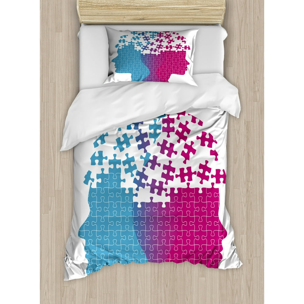 Puzzle Print Duvet Cover Set, Abstract Jigsaw Couple Complexity and