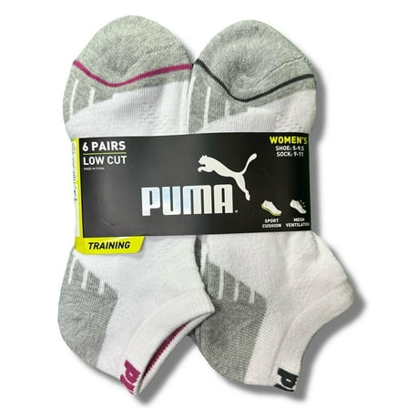 PUMA SOCKS WOMEN'S - LOW CUT 253 - ASHY WHITE GRAY - SHOE SZ 5-9.5 - PACK 6