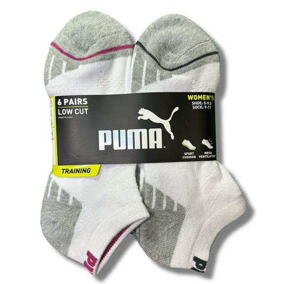 PUMA SOCKS WOMEN'S - LOW CUT 253 - ASHY WHITE GRAY - SHOE SZ 5-9.5 - PACK 6