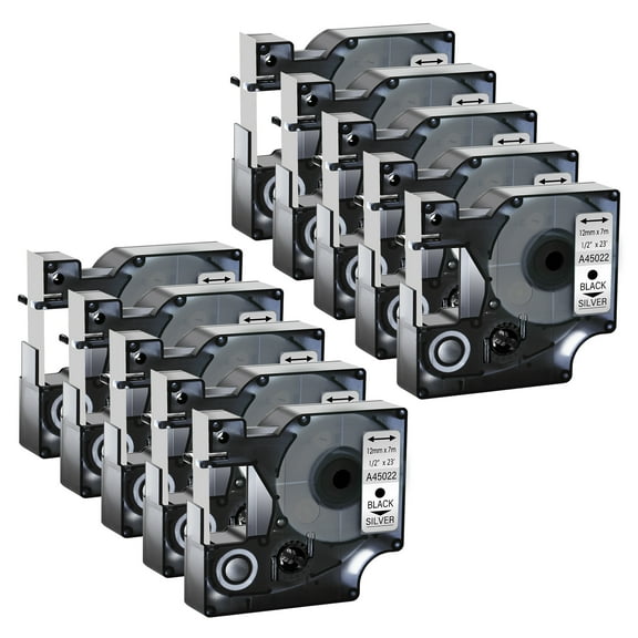 GREENCYCLE 10PK Compatible for DYMO D1 Label Tape 45022 12mm 7m Black on Silver for LabelManager LabelPoint LabelWriter Label Maker