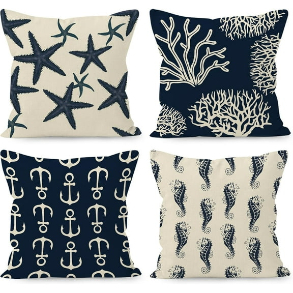 Navy Blue Nautical Ocean Starfish Coral Seahorse Anchor Throw Pillow Covers, Ocean Nautical Gifts, Sea Animal Pillow Cases 18 x 18 Inch Home Ship Sofa Decor Set of 4