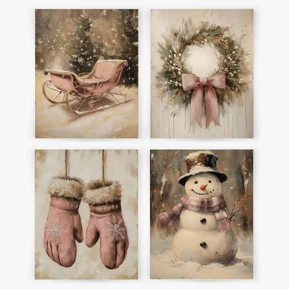 Hieng Christmas Wall Decor, Vintage Christmas Snowman Wreath Xmas Wall Art Prints Set of 4, Vintage Christmas Decor, Farmhouse Christmas Decor, Christmas Wall Decor for Home Unframed