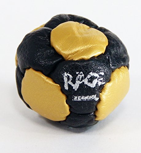 Zeekio The Rage Footbag 14 Panel Leather  Pellet Fill Black and Gold 