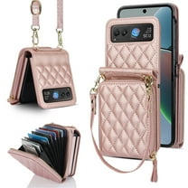 TECH CIRCLE for Moto Razr 40/Razr 2023 Case,Wallet Crossbody Cute Case with Card Holder Slot, Zipper Handbag Strap Lanyard Wrist Leather Case for Women Girl Shockproof Bumper Cover, Rosegold