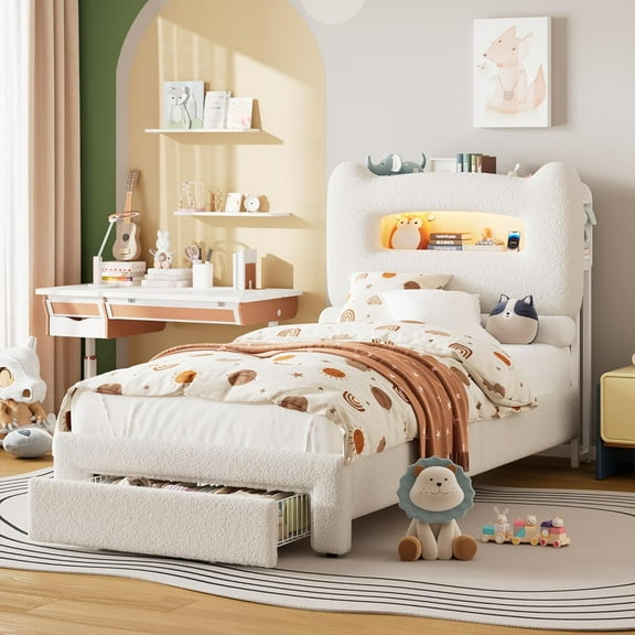 Twin Bed Frame with Headboard,Upholstered Bed Frame Platform,Metal Slats Support LED Platform Bed Frame with Storage Space,Easy Assembly,Noise Free,No Box Spring Needed