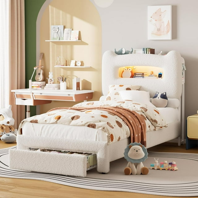 Twister.CK LED Twin Bed Frame with Storage Headboard, Upholstered Platform Bed with Charging Station and Drawer, Heavy Duty Metal Support, No Box Spring Needed, Beige