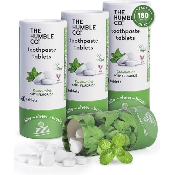 The Humble Co Chewable Toothpaste Tablets for Fresh Breath, Travel-Friendly Dental Care, Peppermint, 180 Tablets, Pack of 3