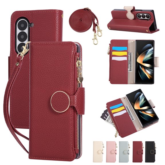 Wallet Case for Samsung Galaxy Z Fold 4 with Card Holder PU Leather Magnetic Clasp Zipper Pocket Crossbody Phone Case with Wrist Strap Shoulder Strap Fit for Samsung Galaxy Z Fold 4, Red