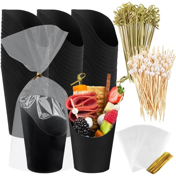 Charcuterie Cups with Sticks Black Disposable 14 oz Kraft Paper Appetizer Cups, Individual Party Serving Snack Cups (50 Cups, 200 Picks)