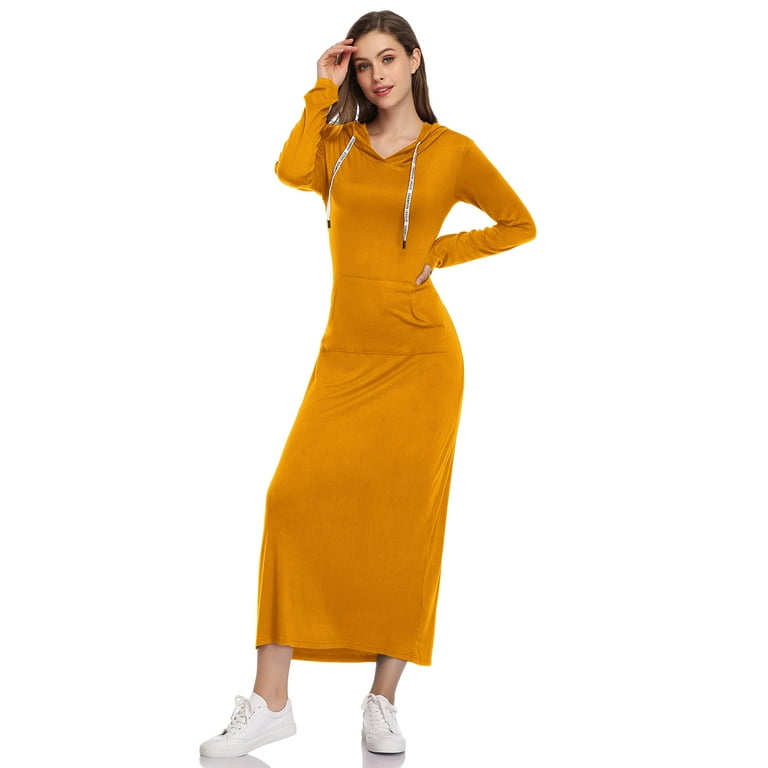 HA EMORE Women s Long sleeve Hoodie Dress Casual Ankle Length Long