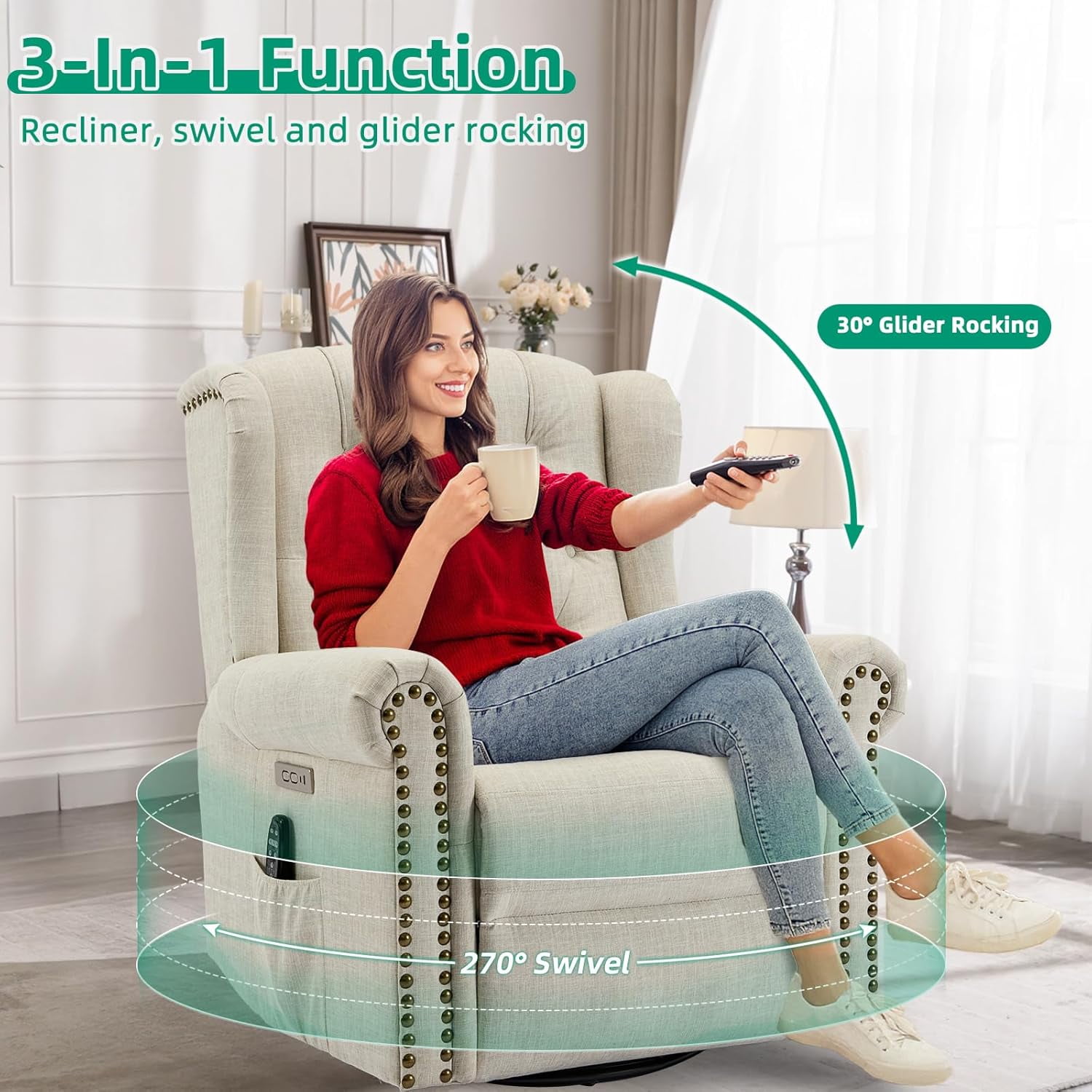 VIVIJASON Power Swivel Rocking Recliner Chair with Massage & Heat, Electric Rocker Glider Chair for Nursery, Wingback Tufted Upholstered Recliner W/Type-C & USB Ports for Living Room, Bedroom, Beige
