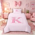 thumbnail image 2 of Meiyoeat Pretty Bow Letter K Twin Bedding for Girls Preschoolers, Delicate Stripe Duvet Cover Set for Daily, Light Pink White,Pink Reversible,2pcs,No Comforter, 2 of 5