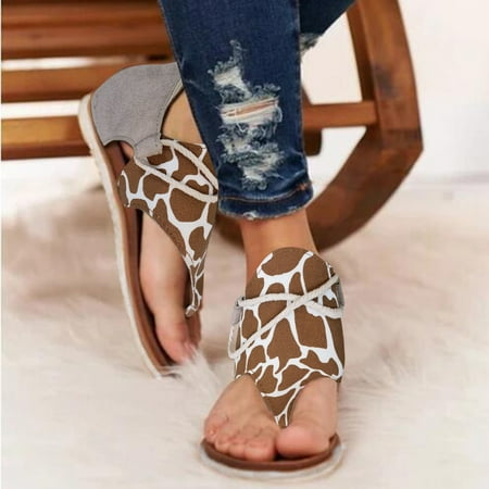

uikmnh Women Shoes Women Casual Flat Posh Vintage Animal Print Flip-Flop Comfy Sandals Zipper Shoes Brown 7