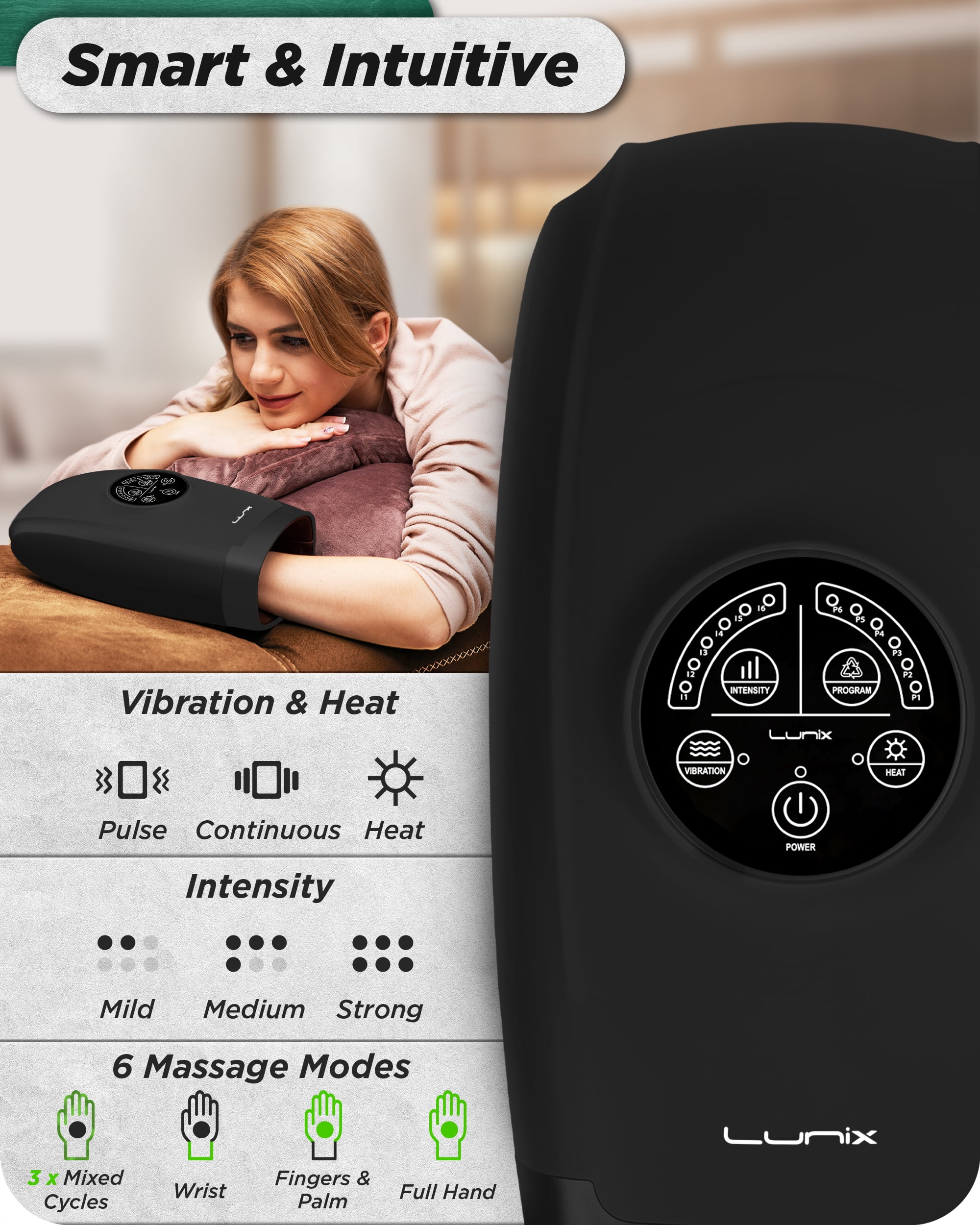 Lunix LX3 Electric Hand Massager with Heat and Compression, Cordless, for Arthritis and Carpal Tunnel Relief, Black