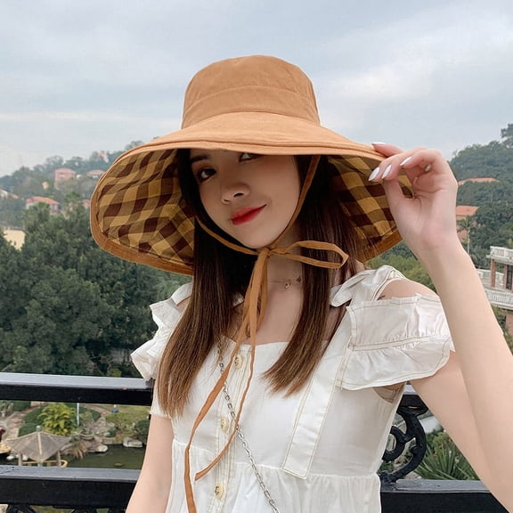 Zhuge Women's Bucket Hat Summer Travel Cotton Plaid Colorful Foldable Reversible Bucket Hat (Camel)