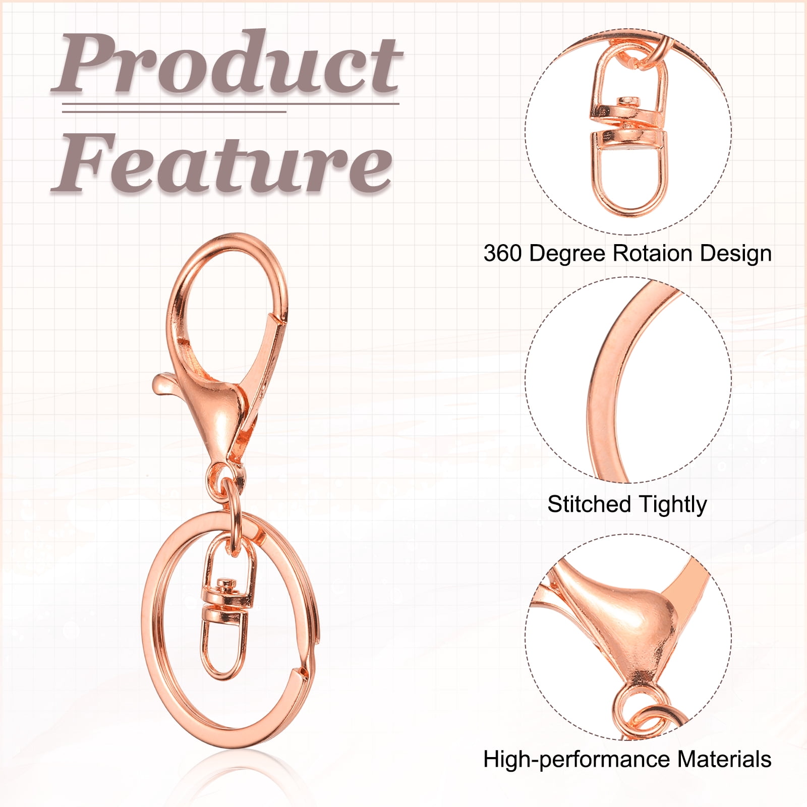 Uxcell Lobster Claw Clasps Keychain, 30 Pcs Metal Lobster Claw Clasp Hook with Swivel Trigger Clip and Keychain Ring for Diy Craft Key Chain Accessories, Rose Gold