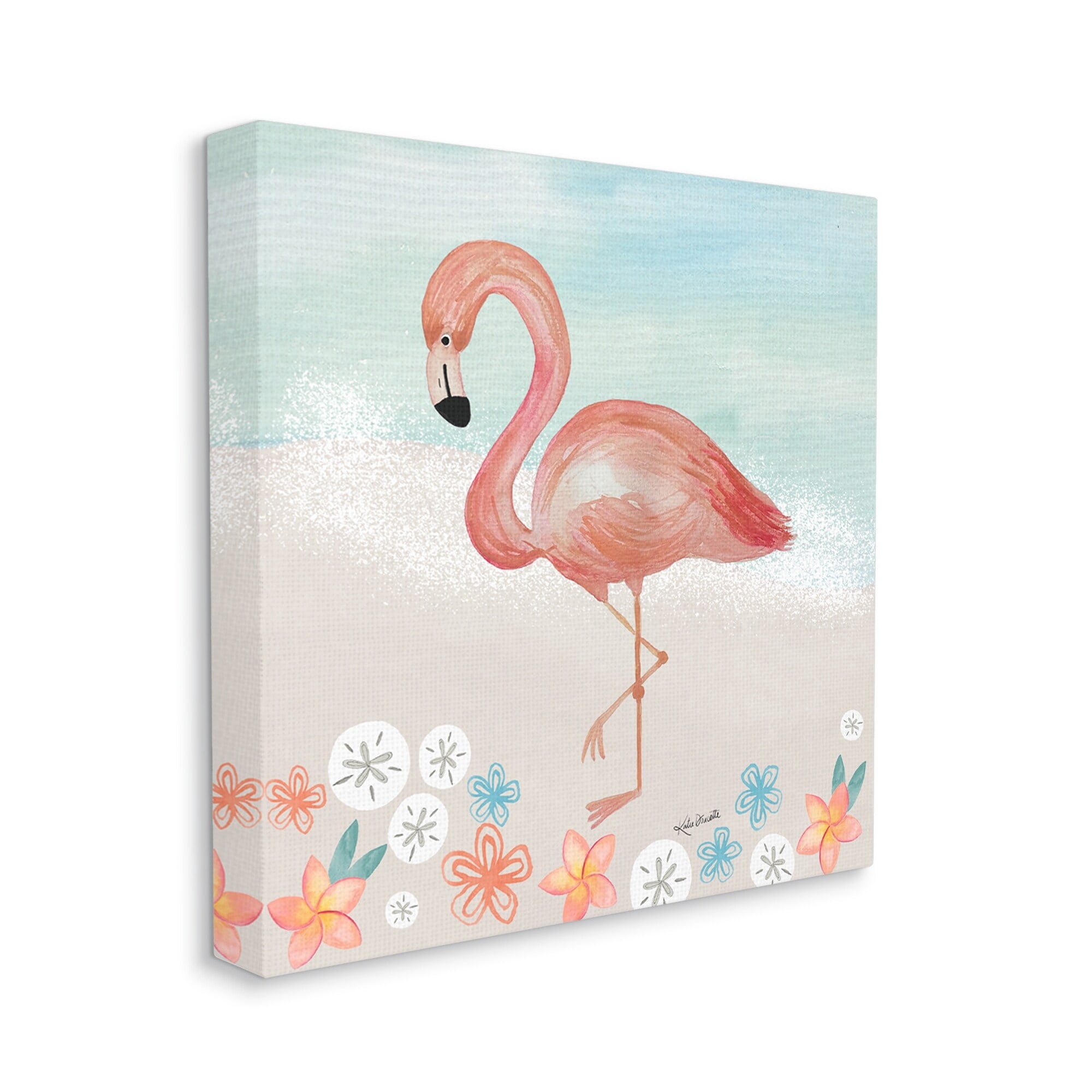 Stupell Industries Flamingo Standing Shoreline Various Sand Dollars Botanicals Painting Gallery Wrapped Canvas Print Wall Art, Design by Katie Doucette