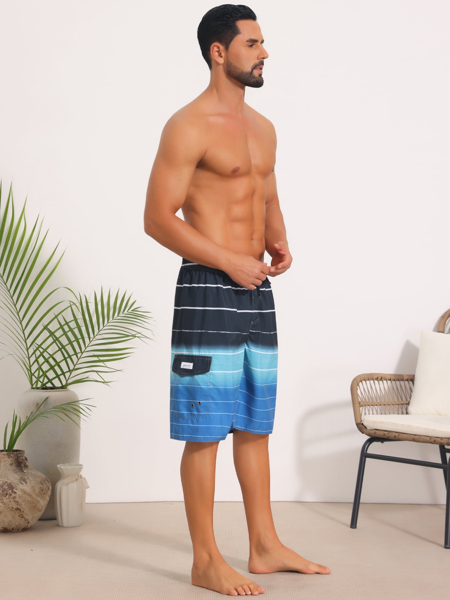 DARING DIVA Men's Striped Beach Drawstring Waist Board Shorts with Pockets 34 Navy Blue