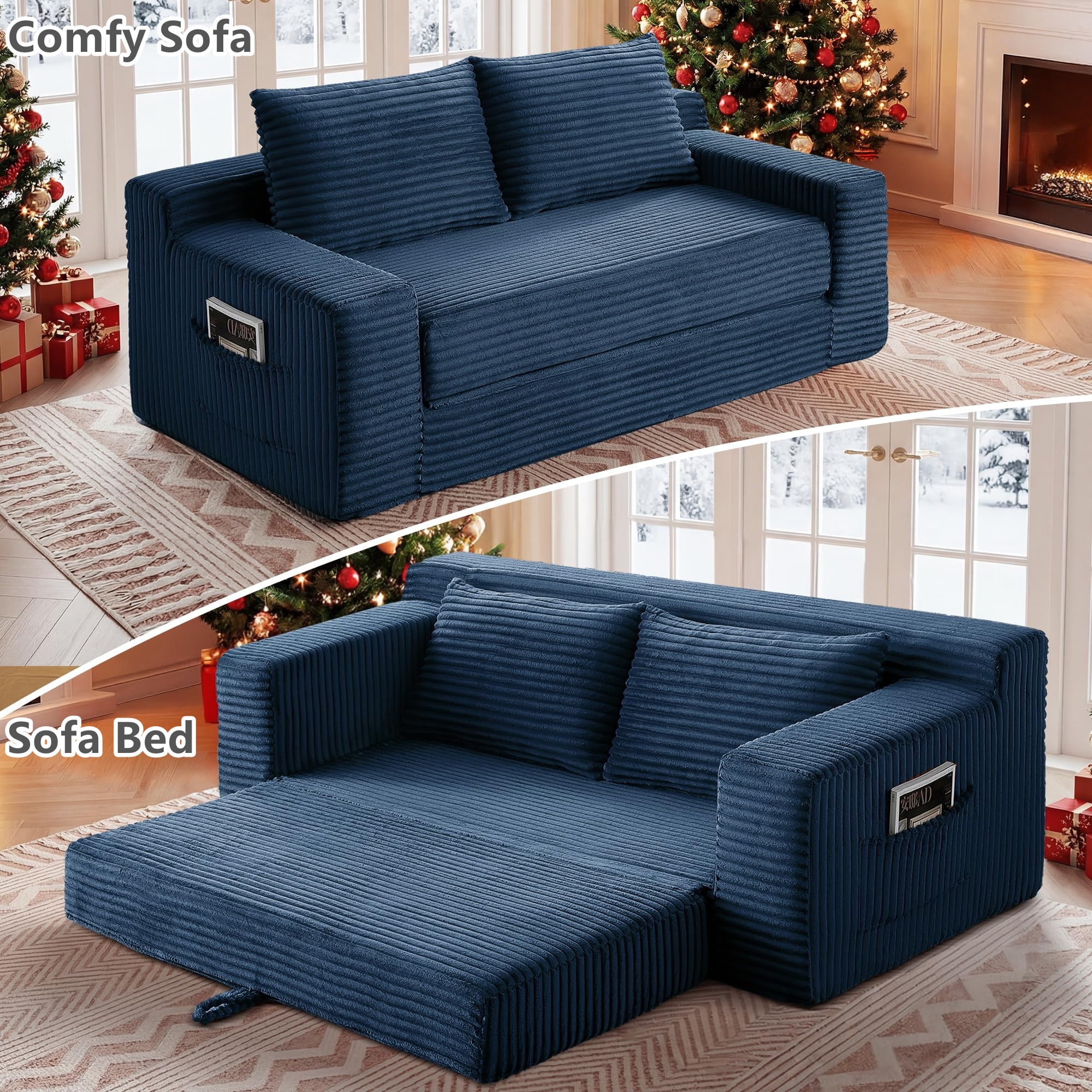 Aukfa 73" Chaise Futon Convertible Sofa Bed Boneless Couch, 2 Pillows&Side Pockets, Queen Size, Corduroy, Blue