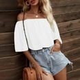 thumbnail image 4 of Frostluinai Strapless Tops for Women 3/4 Lantern Sleeve Shirts Chiffon Comfy T Shirts Off Shoulder Sexy Tees Solid Holiday Blouses, 4 of 9