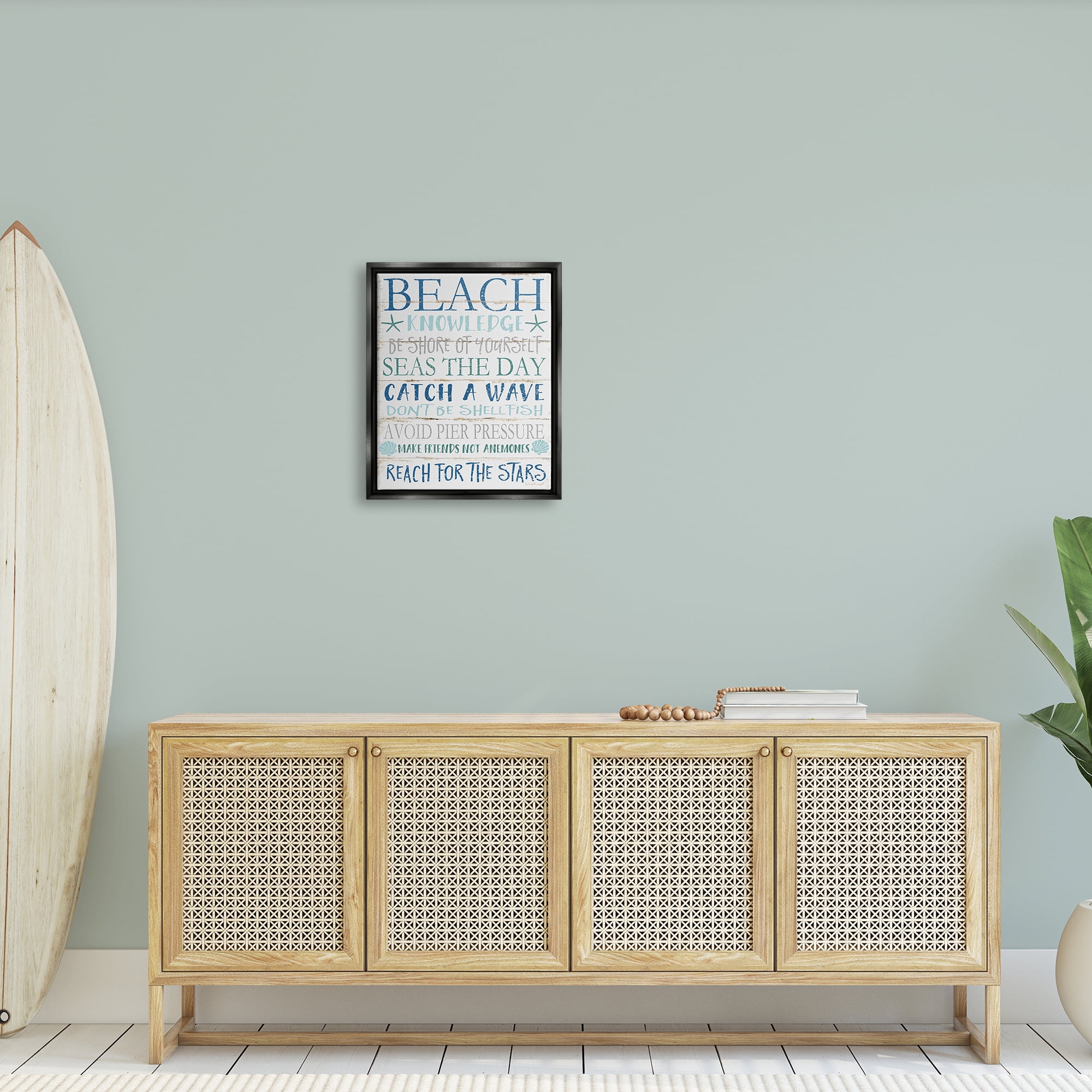 Stupell Industries Beach Knowledge Blue Aqua and White Planked Look Sign Jet Black Framed Floating Canvas Wall Art, 16x20, by Jennifer Pugh