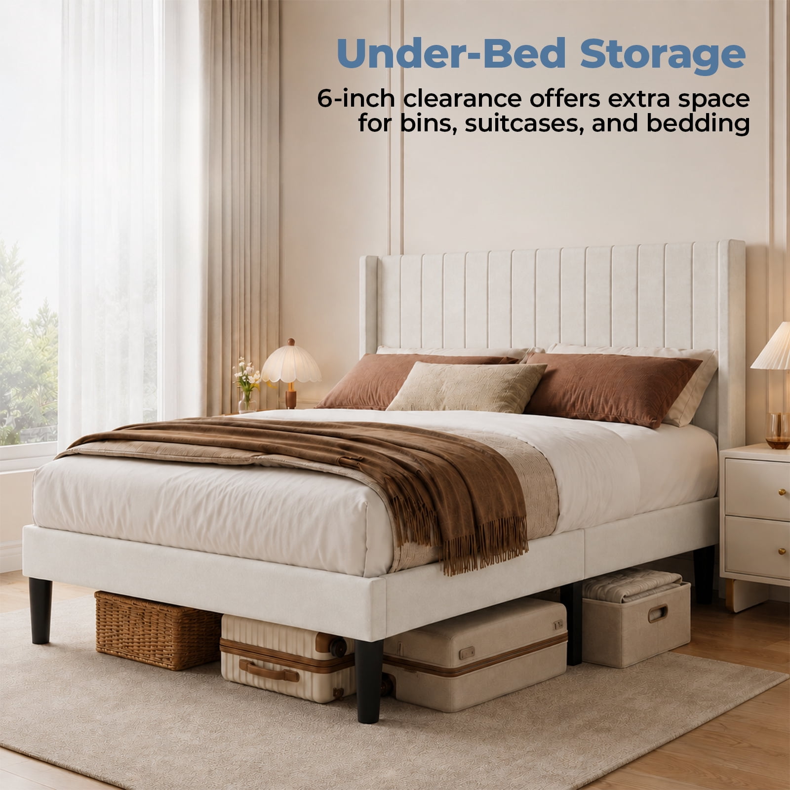 Alvantor Upholstered Bed Frame, Fabric-covered Wing-shaped Headboard and Wooden Crossbars, Bed Frame with Storage Space, Easy Assembly, Noise Free, No Box Spring Needed