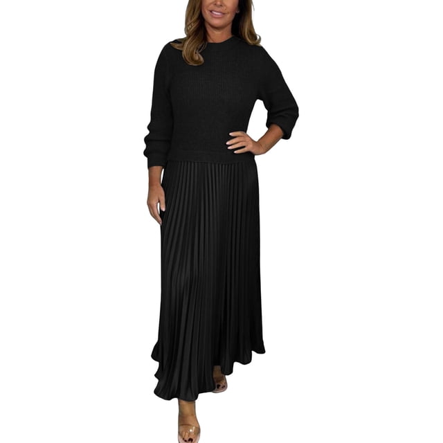 Robe Plissée pour Femme, Longue Robe Maxi Élégante à Col Rond de Couleur Unie, pour Occasions Décontractées et Formelles