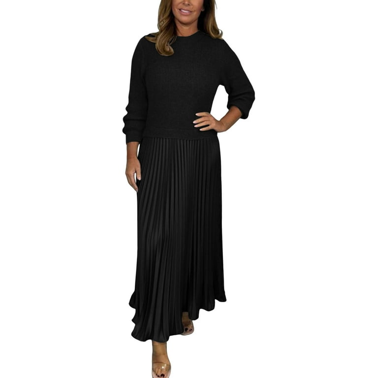 Qolati Sweater Dresses for Women Long Sleeve Jumper Pleated Bottom Dress Ribbed Knit A Line Crew Neck Fall Casual Flare Maxi Dresses Black XL, Women's