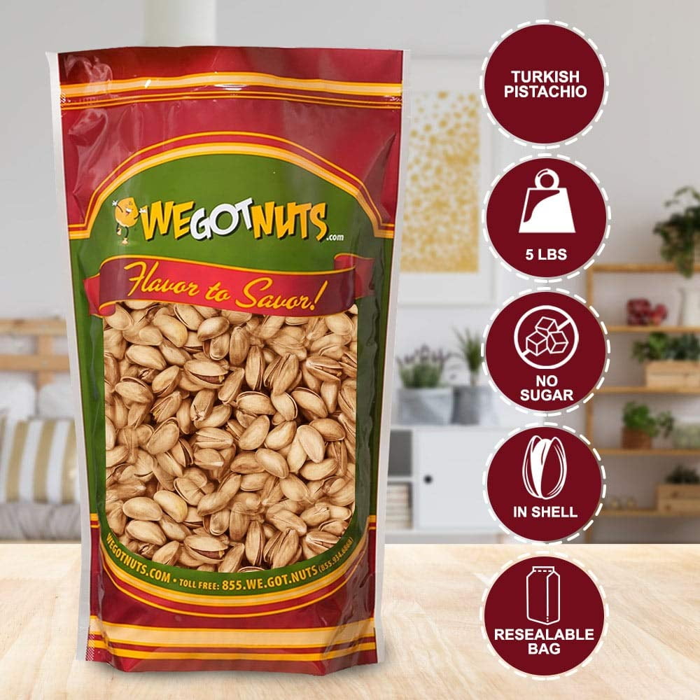 We Got Nuts Turkish Pistachios Whole Salted Nuts in Shell, Kosher, 5 lb, 80 oz, Resealable Pouch