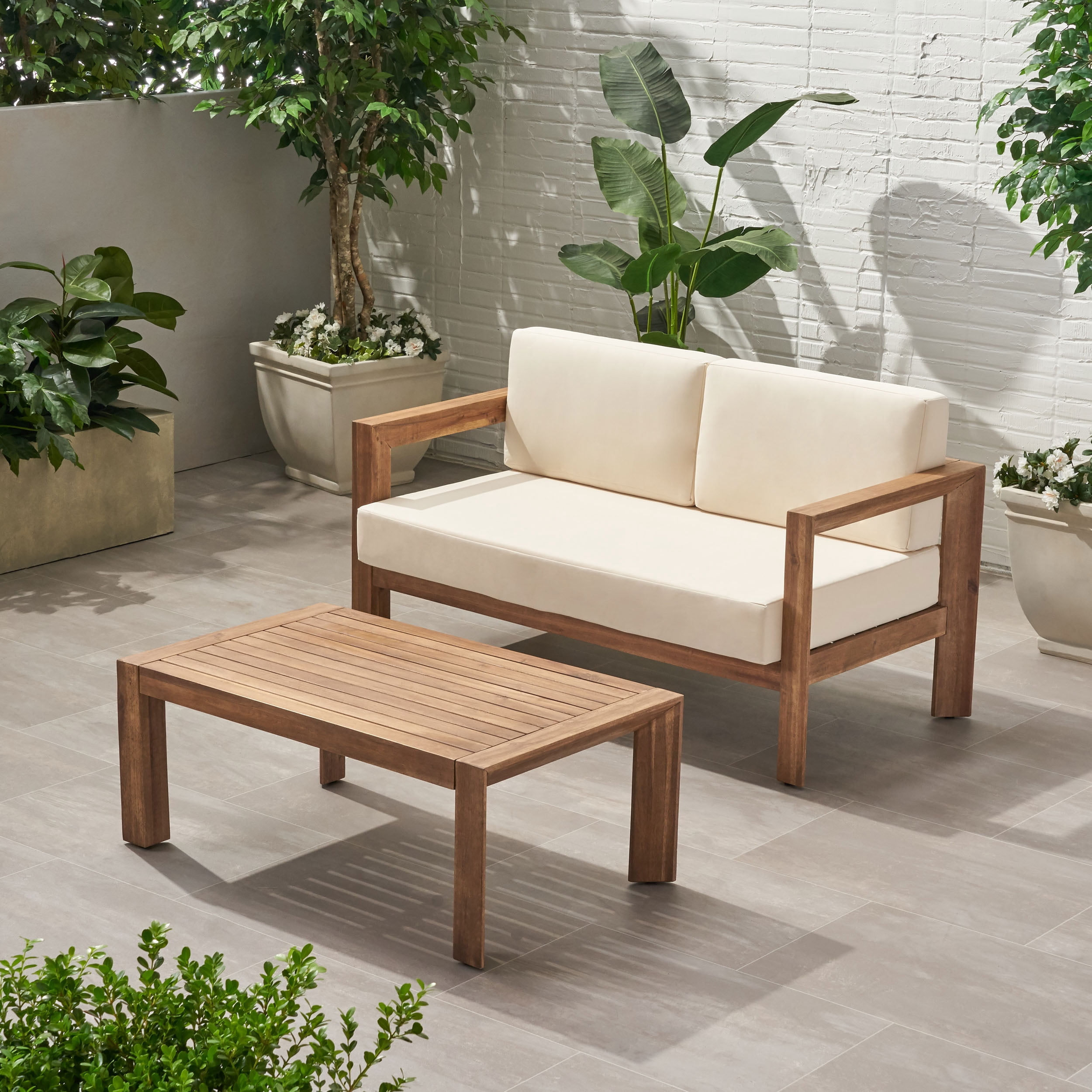 Euroco Modern Outdoor Loveseat and Coffee Table Set, Acacia Wood Frame with Water-Resistant Cushions, Open Slat Design, Natural Finish