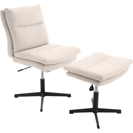 LUCKWIND Armless Chair with Ottoman, Modern Living Room Chair Set, Double Padded Sofa Chair, Ergonomic Height Adjustable Cushioned Swivel Task Chairs, Wide Seat (Creamy White)