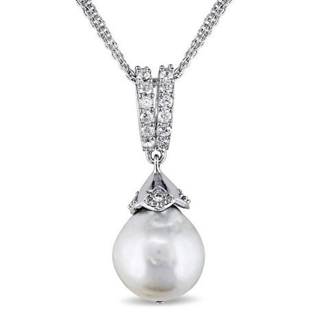 Miabella 12-13mm White Cultured Freshwater Pearl and 4/5 Carat T.G.W. CZ Sterling Silver Drop Pendant, 17